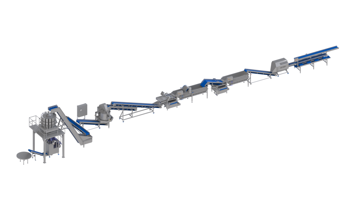 Automatische Salatverarbeitungs- und Verpackungslinie von KRONEN für bis zu 1.500 kg/h Eisberg und bis zu 2t/h Kohl und Möhren