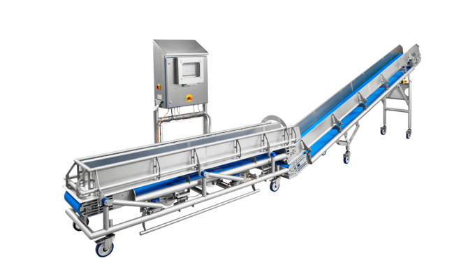 Das Rezeptur-Wiegesystem vom KRONEN-Partner iWEIGH ermöglicht eine genaue Zusammenstellung von Salatmix oder Gemüsemix nach Rezept in kontinuierlichen Verarbeitungslinien.