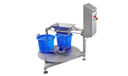KAB automatic basket carousel by KRONEN – filling baskets, for example after processing in the GEWA PLUS or HEWA washing machines