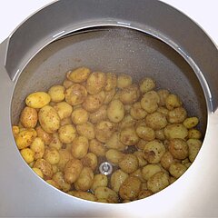 Peladoras de patatas PL 25K y PL 40K de KRONEN: limpieza previa y pelado cuidadosos gracias al suave rociado con agua.