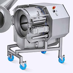 La coupeuse en dés, lamelles et tranches KUJ HC-220 de KRONEN pour les légumes, les fruits et la viande permet de changer très facilement d’accessoires de coupe.