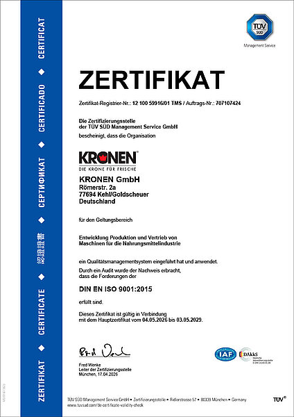 KRONEN Zertifikat: Qualitätsmanagement zertifiziert nach ISO 9001:2015