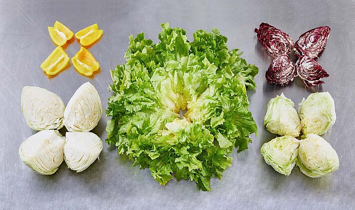 Salad, cabbage and bell pepper divided into four parts using the MULTICORER.