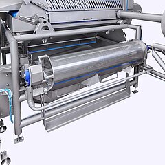 L’évacuation latérale des particules du laveur GEWA XL protège les pompes et permet de travailler en continu, même avec des produits qui moussent et qui contiennent de nombreuses particules.