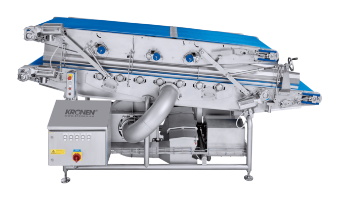 Belt dewatering system BDS 3000/800 from KRONEN dewaters light, delicate products such as baby leaf or cut salad