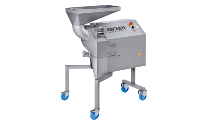 The cube, strip and slice cutting machine KUJ-V from KRONEN for vegetables, fruit and meat – precise cuts, even for the smallest of cubes, strips, sticks and slices, even for delicate products