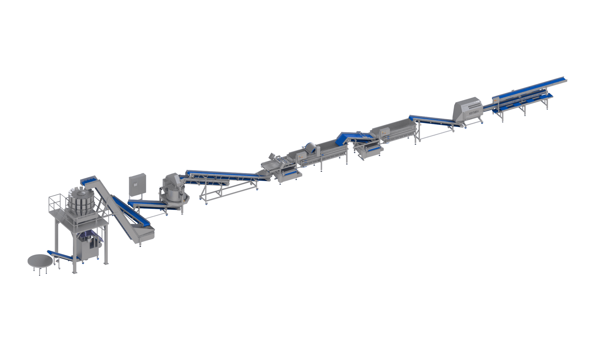 Automatische Salatverarbeitungs- und Verpackungslinie von KRONEN für bis zu 1.500 kg/h Eisberg und bis zu 2t/h Kohl und Möhren