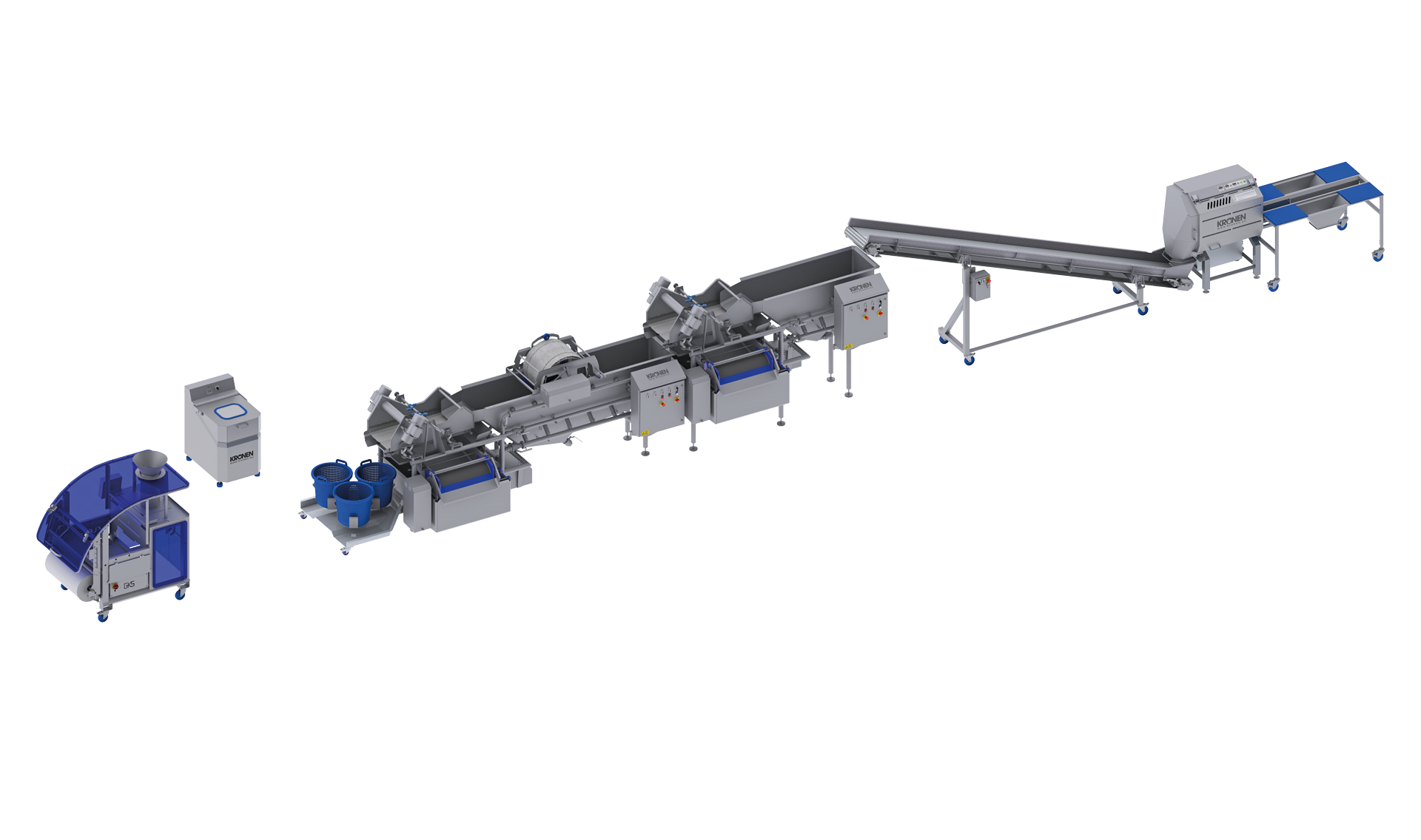 Línea procesadora y de envasado de KRONEN para hasta 1000 kg/h de lechugas y hortalizas: instalación semiautomática completa para cortar, lavar, secar, pesar y envasar lechugas y hortalizas