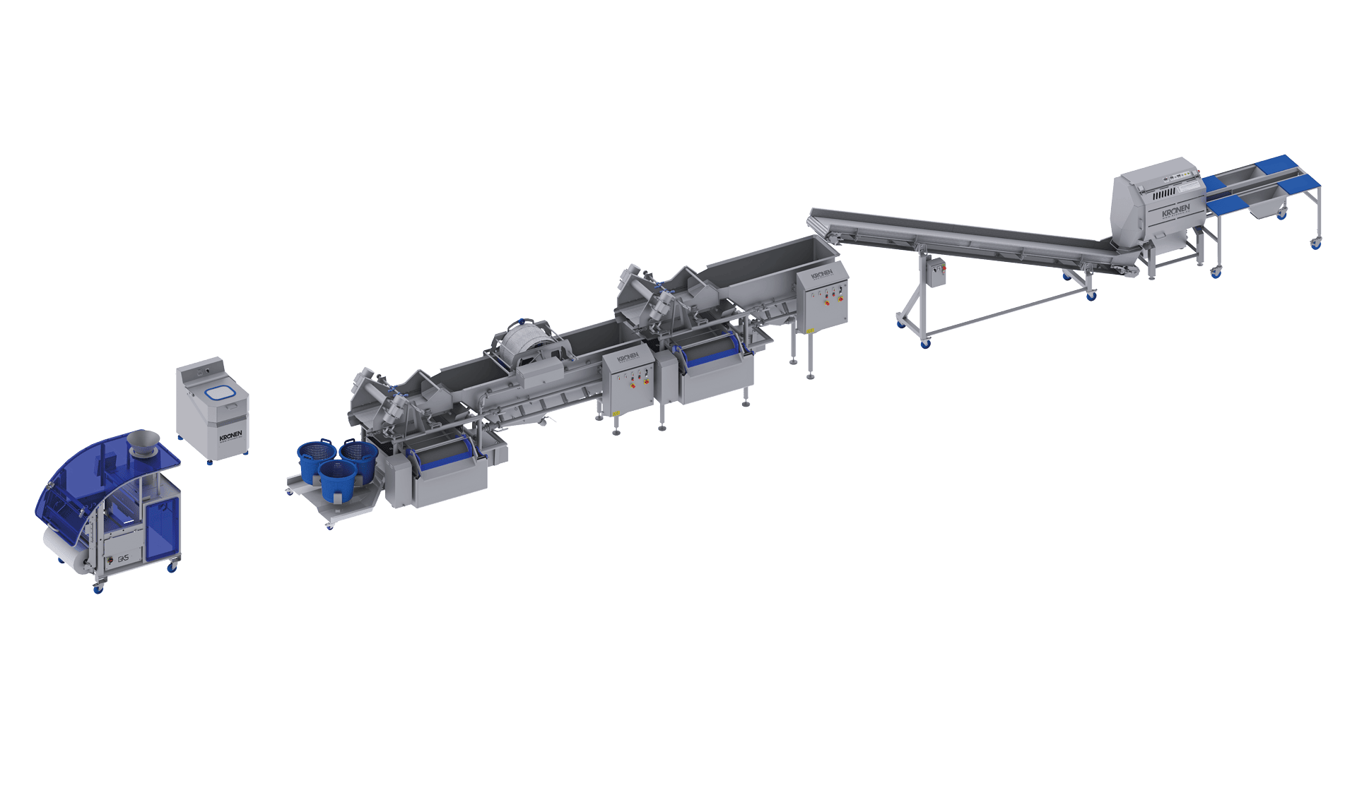 Chaîne de transformation et d’emballage KRONEN pour les salades et les légumes jusqu’à 1.000 kg/h : installation complète semi-automatique pour couper, laver, sécher, peser et emballer les salades et les légumes