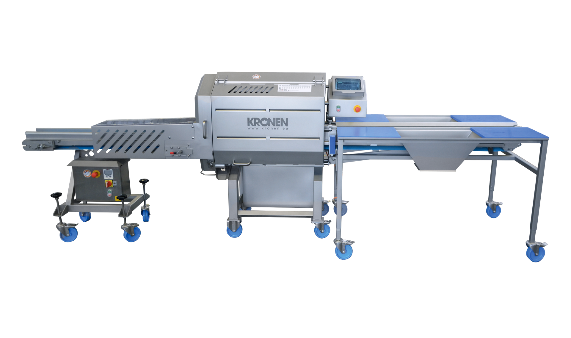 Belt cutting machine GS 10-2 TTS with maximum waste reduction thanks to PLC control – for the perfect and gentle cutting of vegetables, fruit, vegan substitutes, and cooked meats
