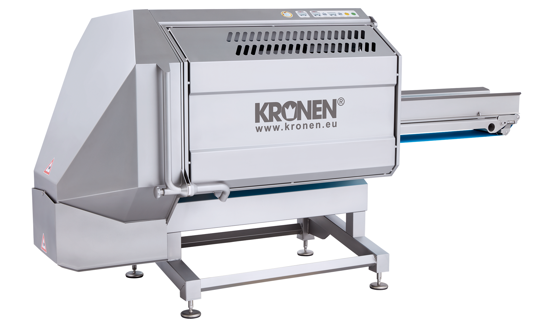 The multifunction machine GS 10 from KRONEN for the precise and gentle cutting of a wide range of different foods such as salad, vegetables, fruit, herbs, meat, cooked meats, fish, vegan substitute products and baked goods in very large quantities.