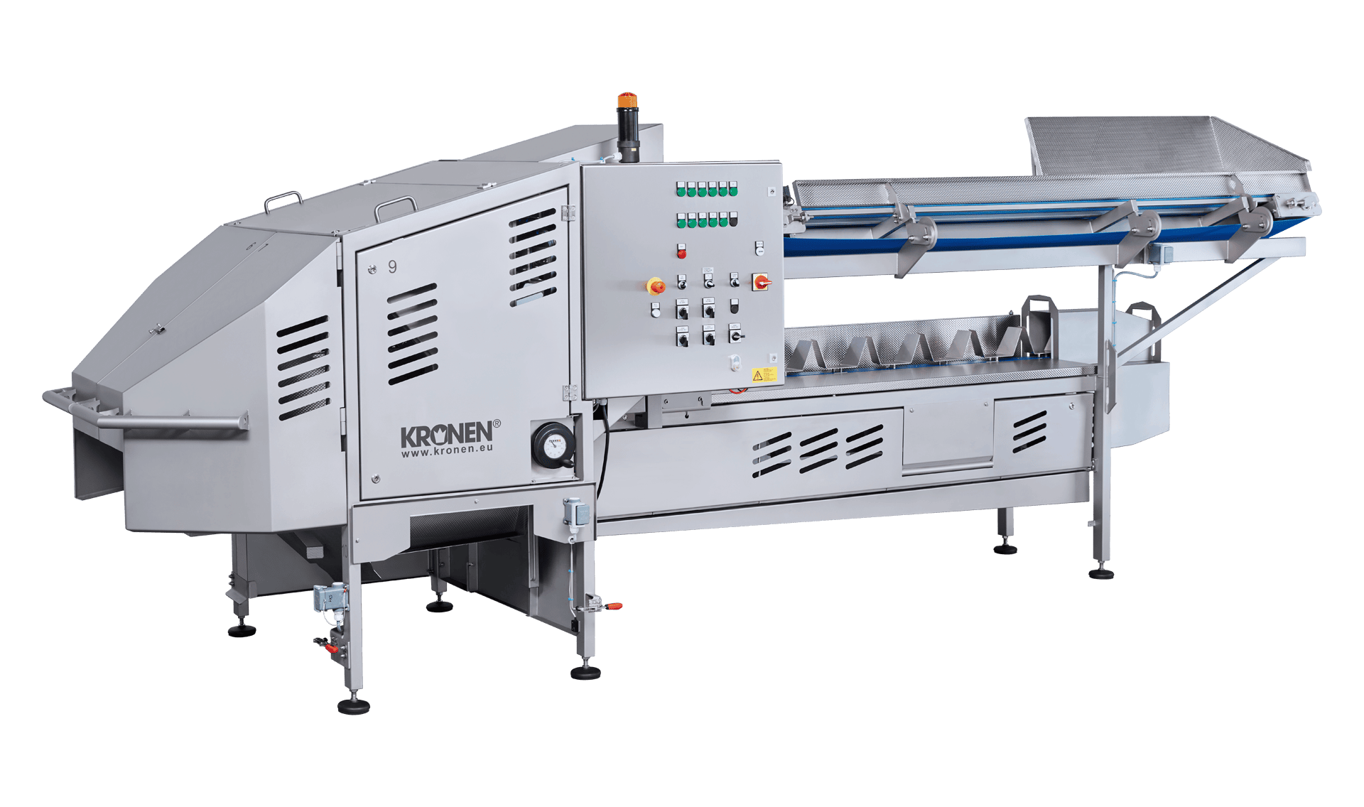 Cortadora de extremos TT450 de KRONEN para el empleo ideal en la preparación automática de lechugas - Gran aprovechamiento gracias a la tecnología de corte inteligente con una capacidad de procesamiento de hasta 3600 kg por hora.