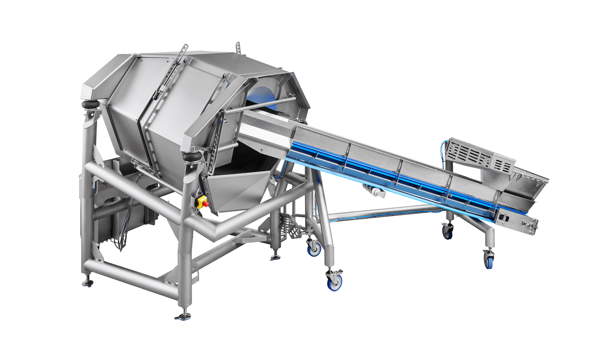 Das K1040H Trocknungssystem von KRONEN kann optimal in Verarbeitungslinien integriert werden und nasses Produkt aus einer Waschmaschine schleudern.