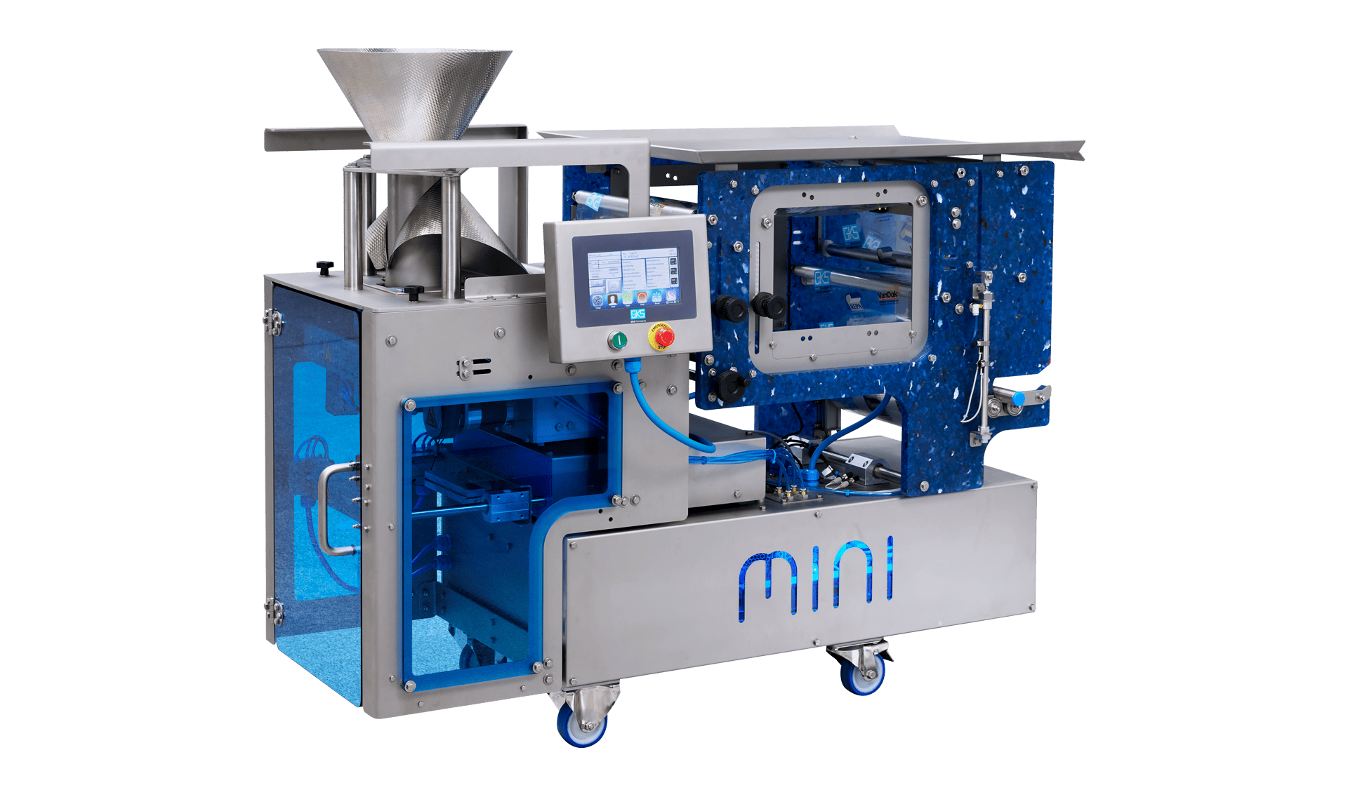 Tubular bag packaging machine for packing food products and liquids in small packaging sizes.