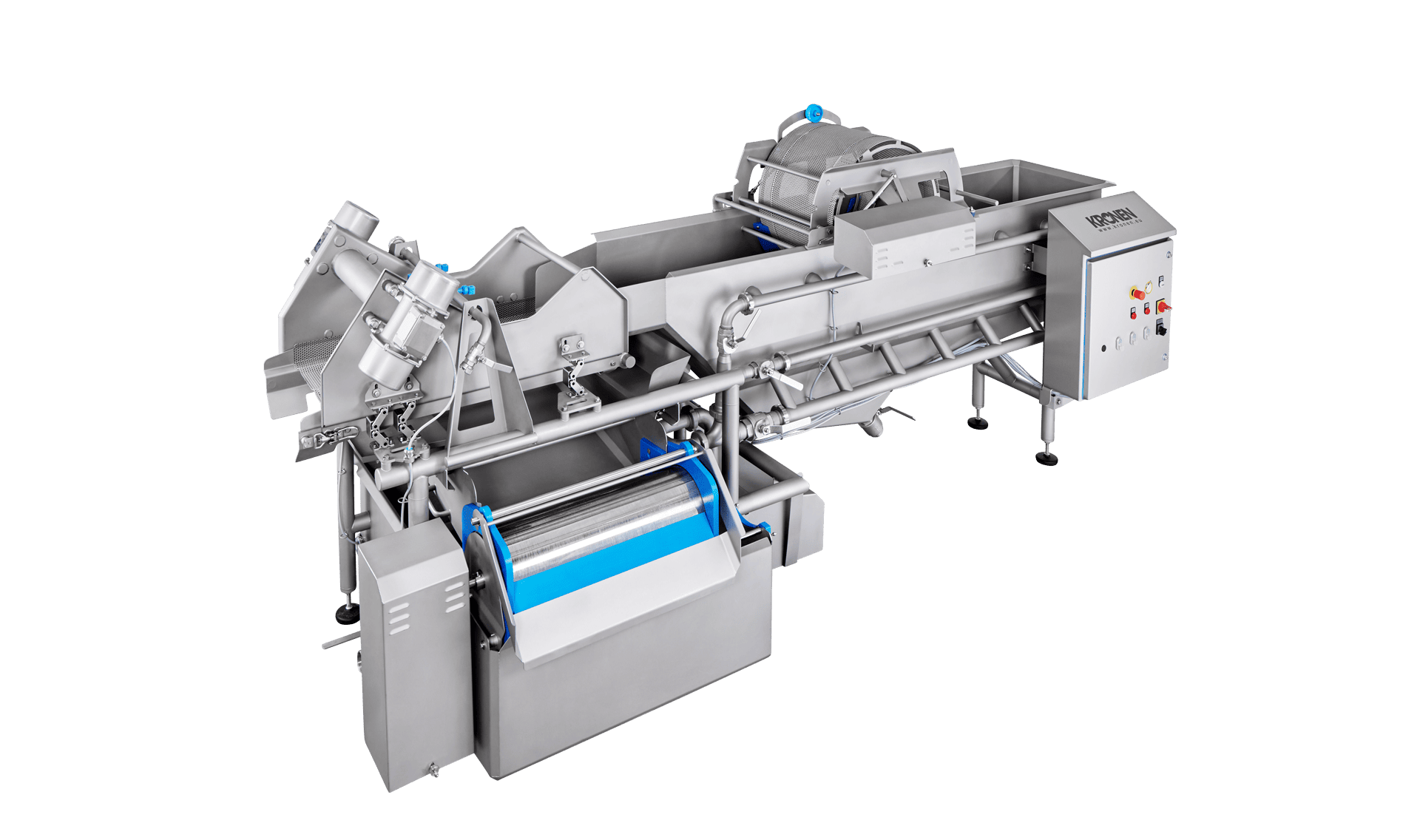Lavadora HEWA 3800 de KRONEN para el lavado efectivo, cuidadoso y económico de productos cortados y enteros (lechuga, vegetales, hierbas, frutas, etc.) en capacidades de hasta 2,5 toneladas por hora
